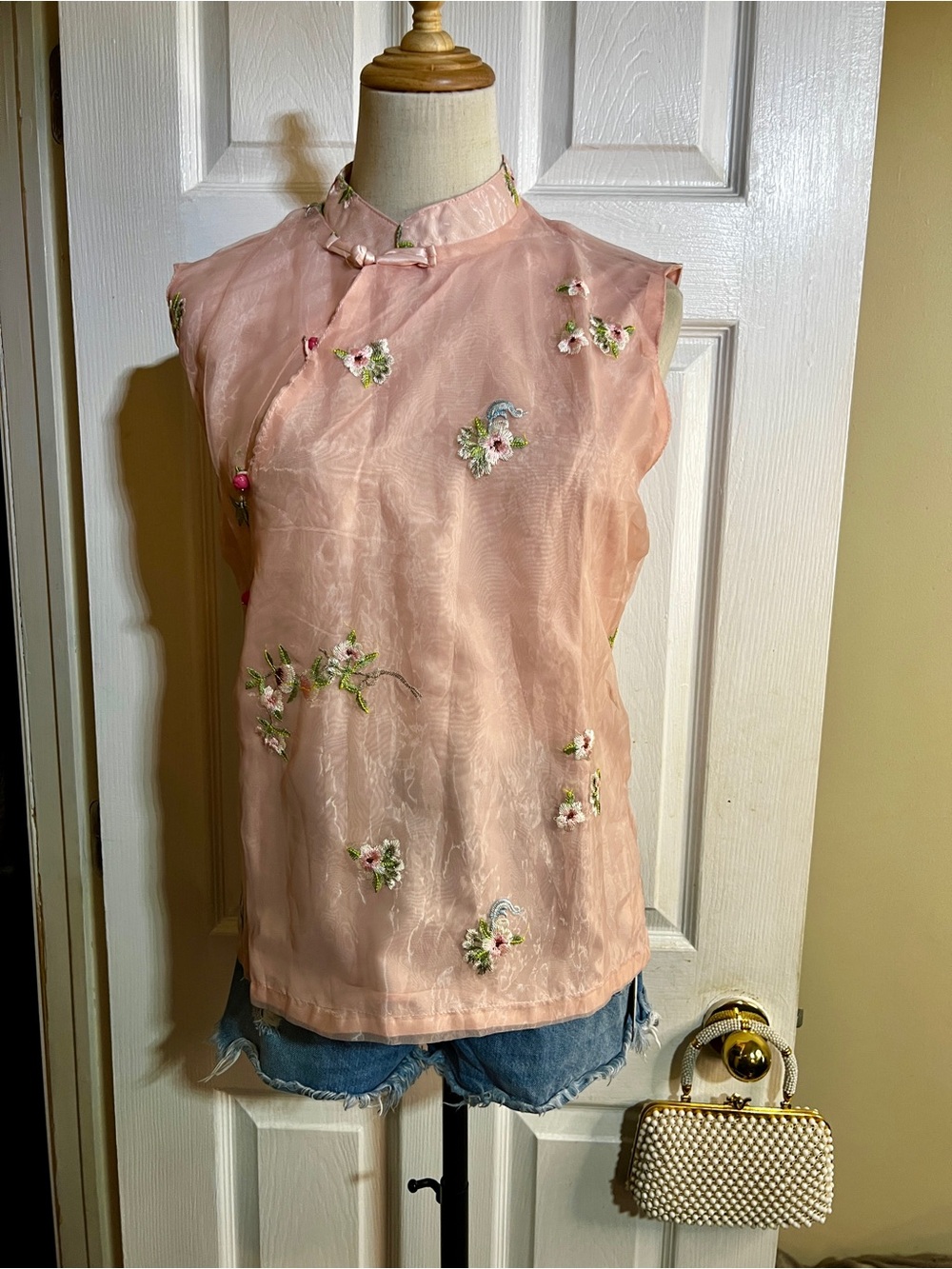 New Wms Pink Floral Embroidery Cheongsam Qipoa Inspired Chiffon Frog Tie Top L